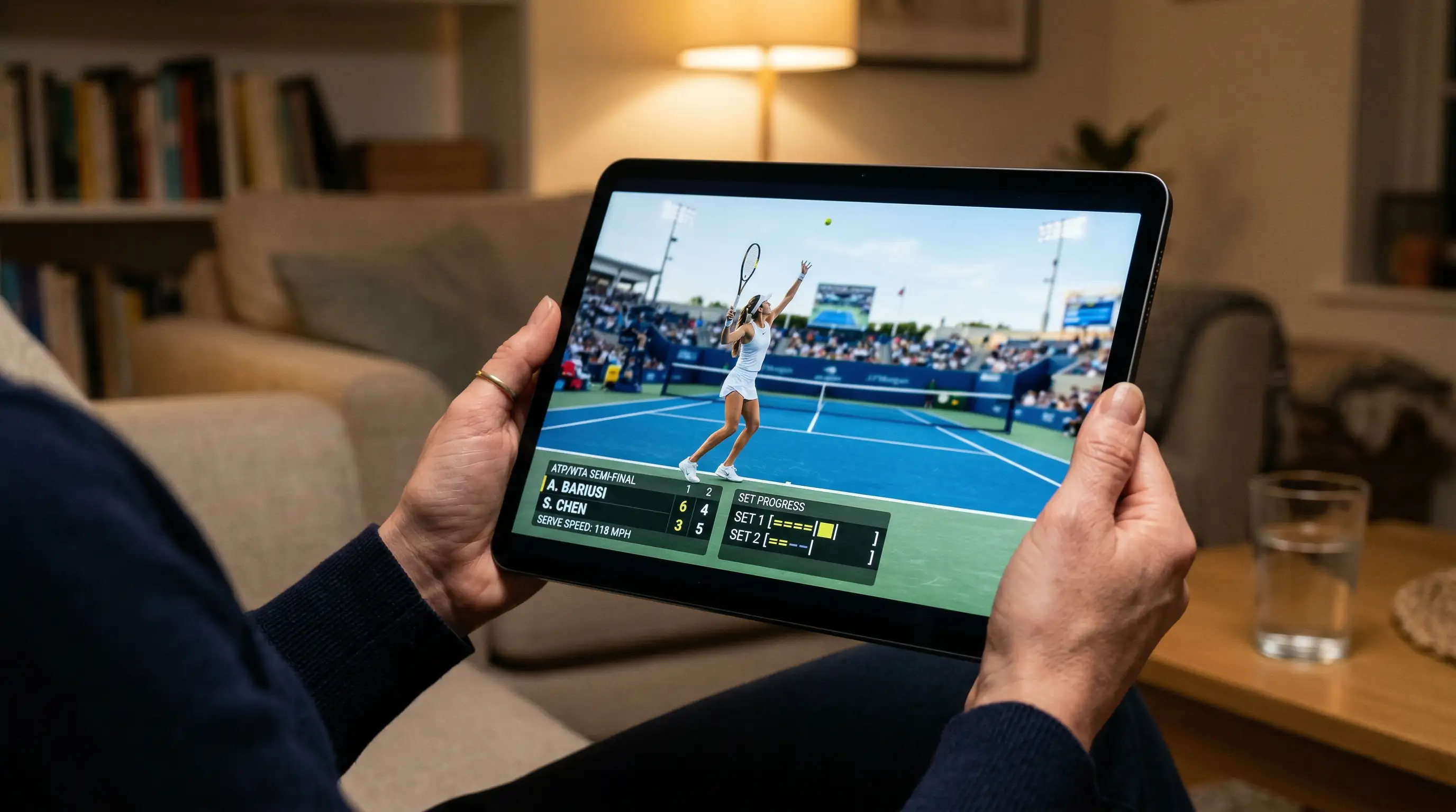 Persona siguiendo un partido de tenis en directo desde una tableta con datos estadísticos en pantalla