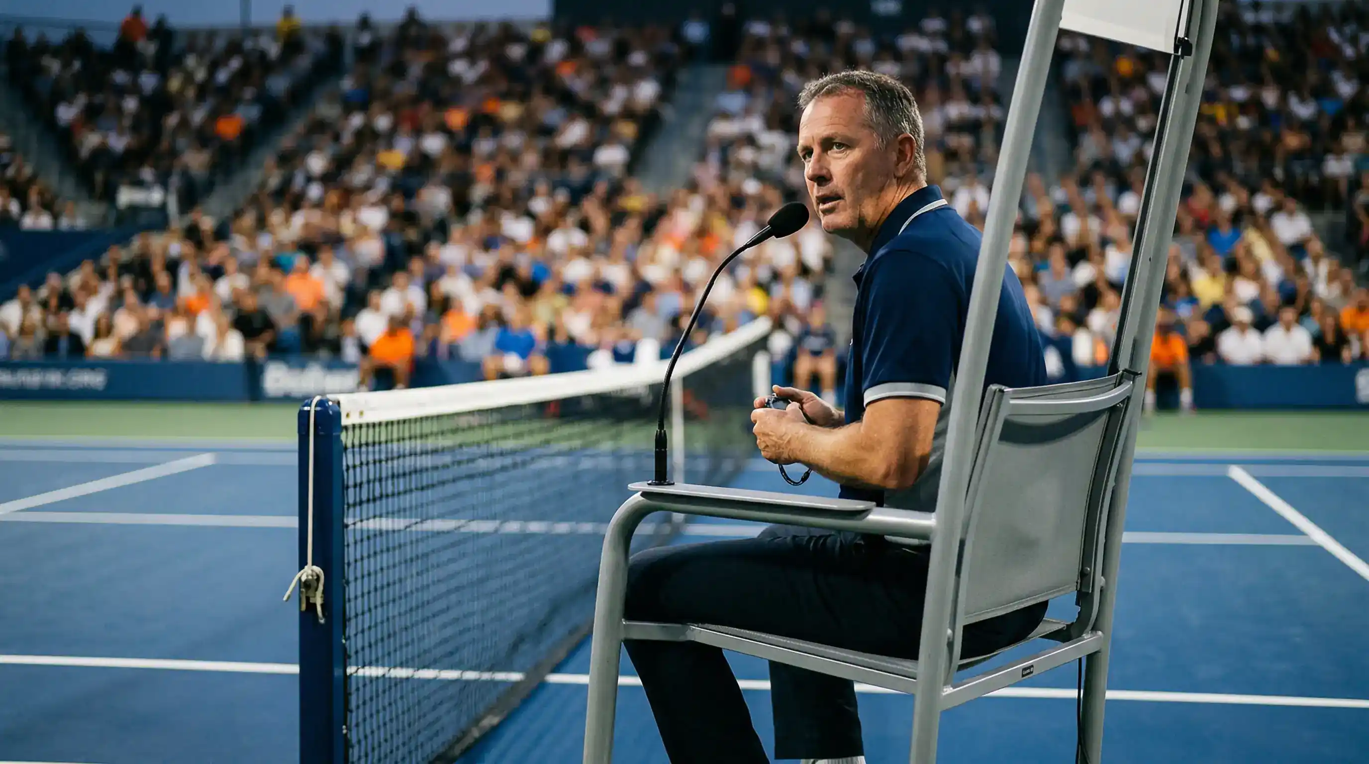 Árbitro de silla supervisando un partido de tenis profesional ATP desde su posición elevada junto a la red