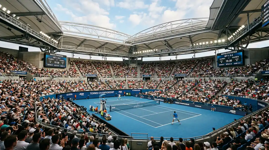 Estadio de tenis lleno de espectadores durante un partido del circuito ATP con pantallas mostrando datos en directo