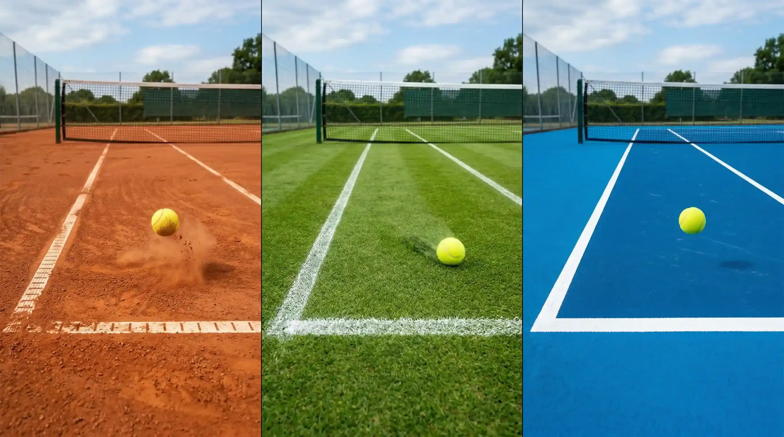 Tres superficies de tenis profesional: tierra batida roja, hierba verde y pista dura azul vistas desde la línea de fondo