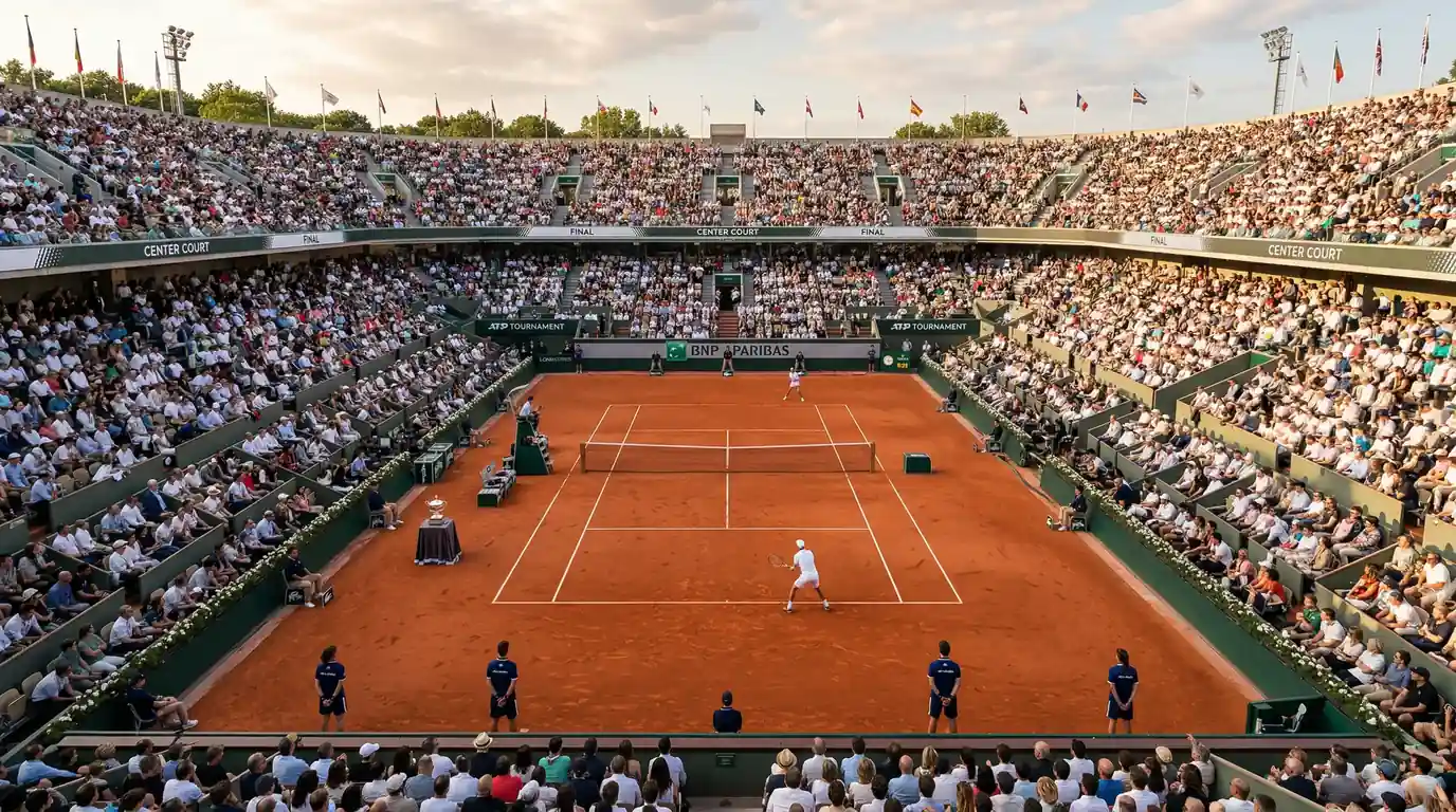 Pista central de un torneo ATP Masters 1000 preparada para la competición con gradas y equipamiento profesional